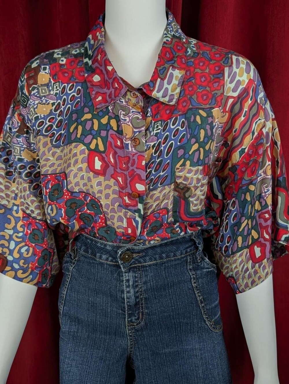 Vintage 80's Stunt Collections 100% Silk Red, Green, Blue, & Purple Silk Top